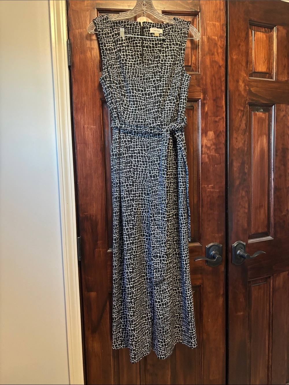 Calvin Klein Black & White Sleeveless Printed Jumpsuit with Tie Waist